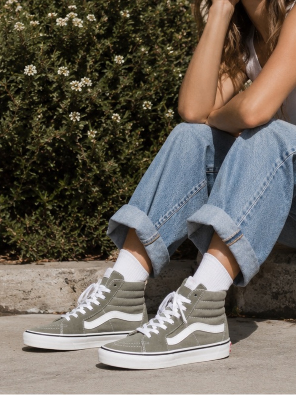 Vans Olive Green and White High-Top Sneakers